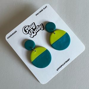 Handmade Polymer Clay Lime Green Teal Colorblock Circle Statement Earrings
